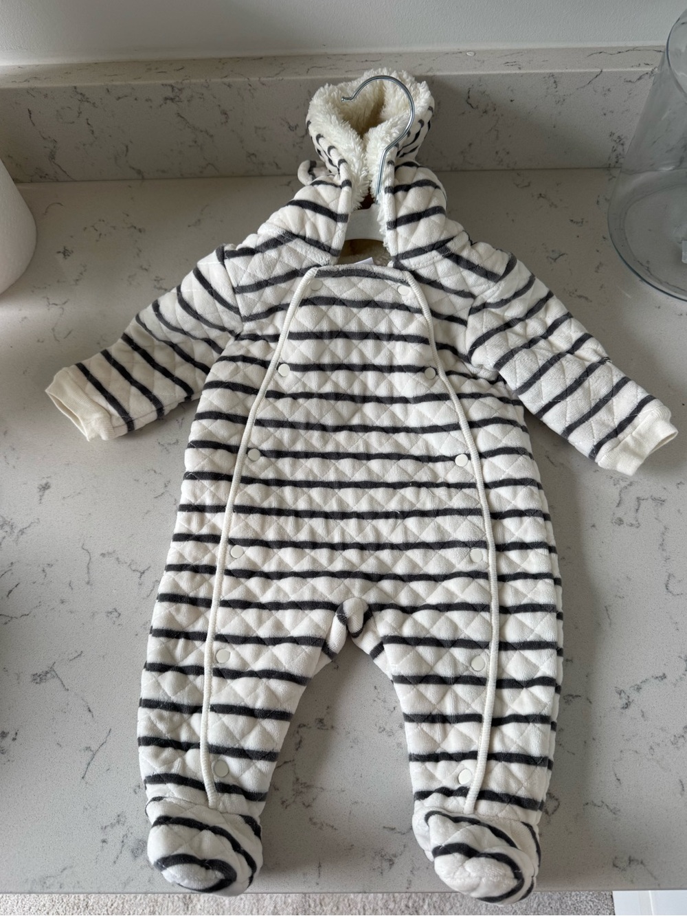 Nordstrom Cream & Black Striped Quilted Hooded Baby One-Piece